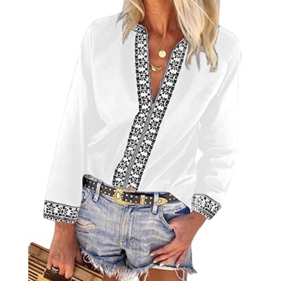 Tops - NEW Women’s Boho Ethnic Style White Blouse Bohemian Chic Top Casual Dressy